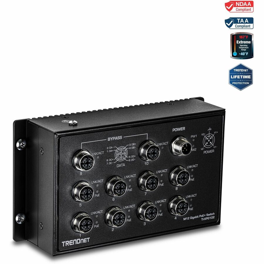 TRENDnet 10-Port Industrial EN 50155 M12 Gigabit PoE+ Railway Switch TI-XPG102