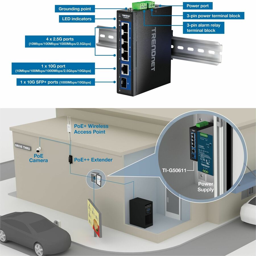 TRENDnet 6-Port Industrial 2.5G DIN-Rail Switch with 1 x 10G Port TI-G50611