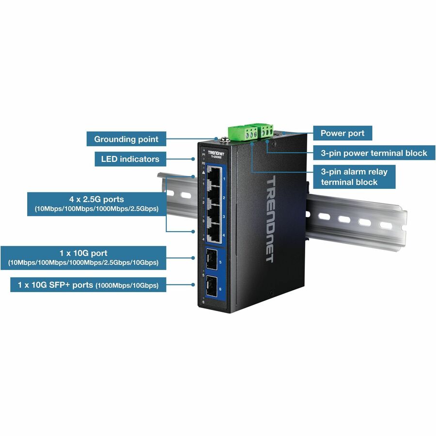 TRENDnet 6-Port Industrial 2.5G DIN-Rail Switch with 10G SFP+ Ports TI-G5062