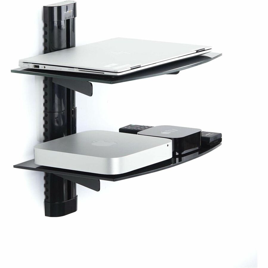 StarTech.com Dual Floating Wall-Mounted AV Shelves, Adjustable Height Shelf For Under TV A/V Equipment, Black Tempered Glass Shelves 2B-WALL-MOUNT-SHELF