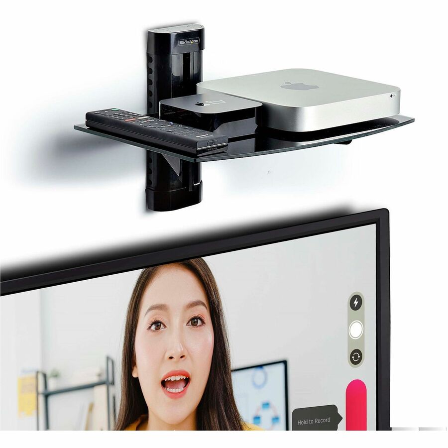 StarTech.com Floating Wall-Mounted AV Shelf, Adjustable Height Shelf For Under TV A/V Equipment, Black Tempered Glass Shelf 1B-WALL-MOUNT-SHELF