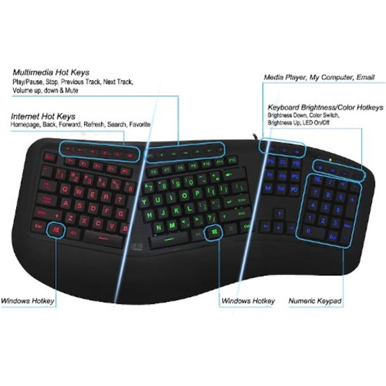 Adesso AKB-150EB-FR Color Illuminated Ergonomic Keyboard AKB-150EB-FR