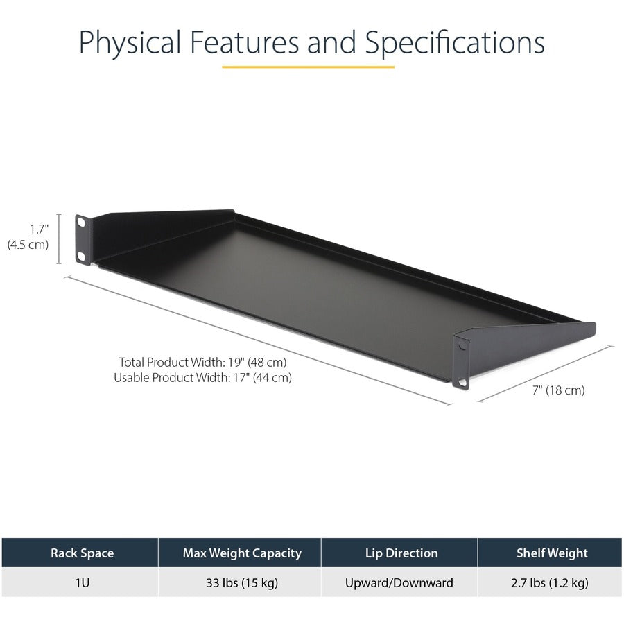 StarTech.com 1U 7in Depth Universal Fixed Rack Mount Shelf - 33lbs / 15kg CABSHELF1U