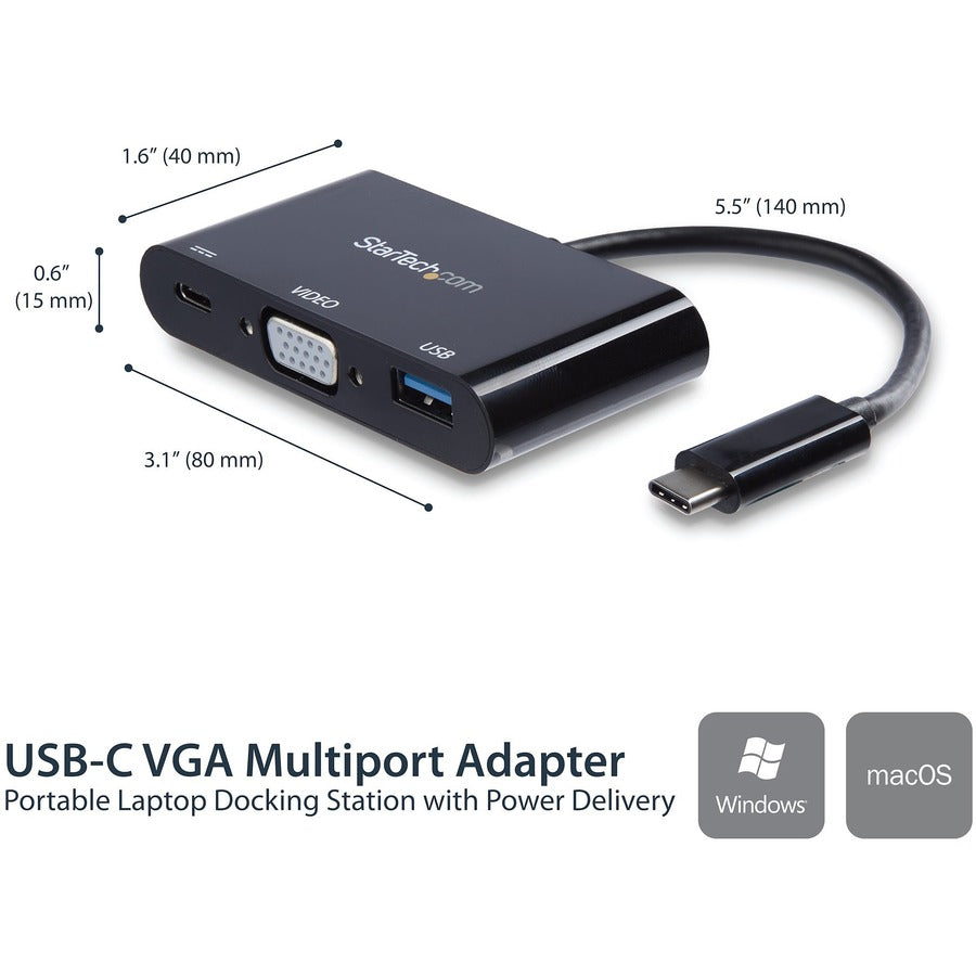 StarTech.com USB-C VGA Multiport Adapter - USB-A Port - with Power Delivery (USB PD) - USB C Adapter Converter - USB C Dongle CDP2VGAUACP