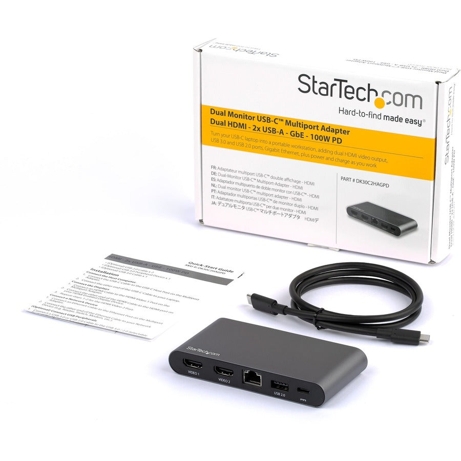 StarTech.com Station d'accueil USB C - Station d'accueil HDMI USB-C double moniteur 4K - Passthrough d'alimentation 100 W, GbE, 2x USB-A - Adaptateur multiport DK30C2HAGPD