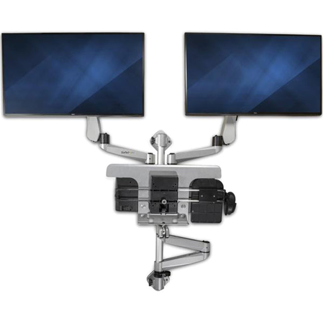 StarTech.com Wall Mount Workstation - Foldable Ergonomic Standing Desk - Height Adjustable Dual 30" VESA Monitor Arm & Keyboard/Mouse Tray WALLSTSI2