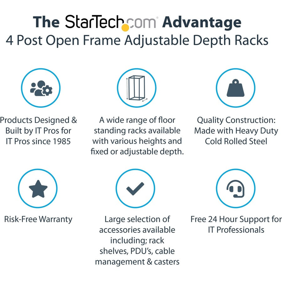 StarTech.com 8U 19" Open Frame Server Rack - Compact, 4 Post, Adjustable Depth (22 to 40") - Mobile Network Rack - HP ProLiant ThinkServer 4POSTRACK8U