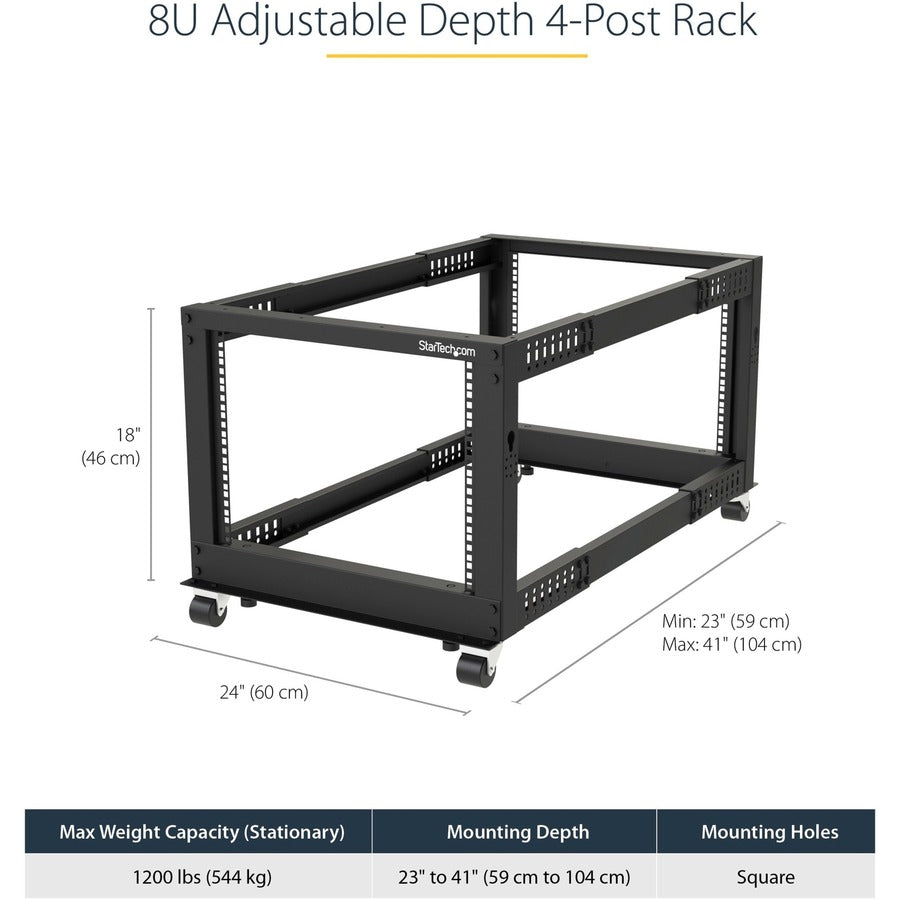 StarTech.com 8U 19" Open Frame Server Rack - Compact, 4 Post, Adjustable Depth (22 to 40") - Mobile Network Rack - HP ProLiant ThinkServer 4POSTRACK8U