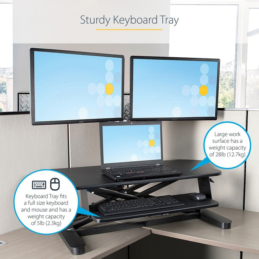 StarTech.com Corner Sit Stand Desk Converter with Keyboard Tray, Large Surface 35"x21" , Height Adjustable Ergonomic Tabletop Standing Desk ARMSTSCORNR