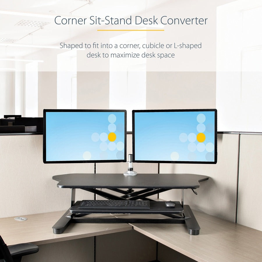 StarTech.com Corner Sit Stand Desk Converter with Keyboard Tray, Large Surface 35"x21" , Height Adjustable Ergonomic Tabletop Standing Desk ARMSTSCORNR