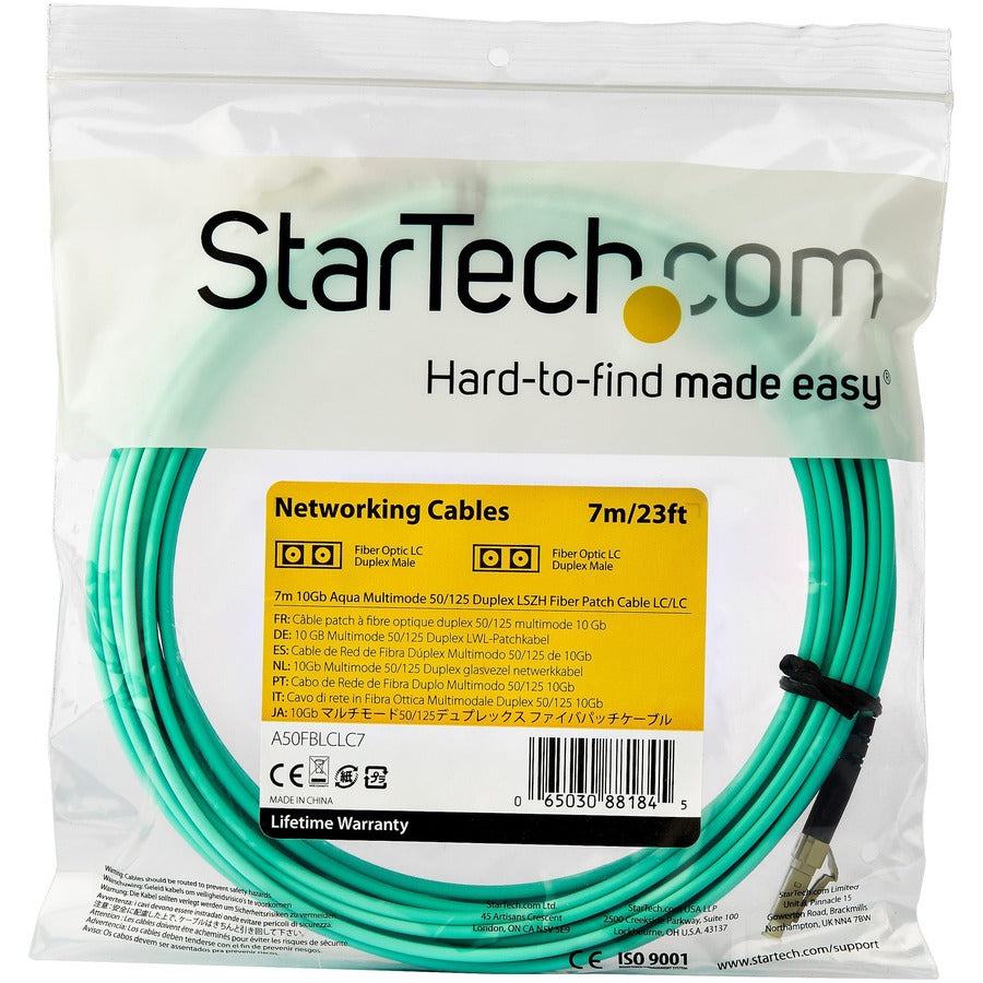 StarTech.com 7m OM3 LC to LC Multimode Duplex Fiber Optic Patch Cable - Aqua - 50/125 - LSZH Fiber Optic Cable - 10Gb (A50FBLCLC7) A50FBLCLC7