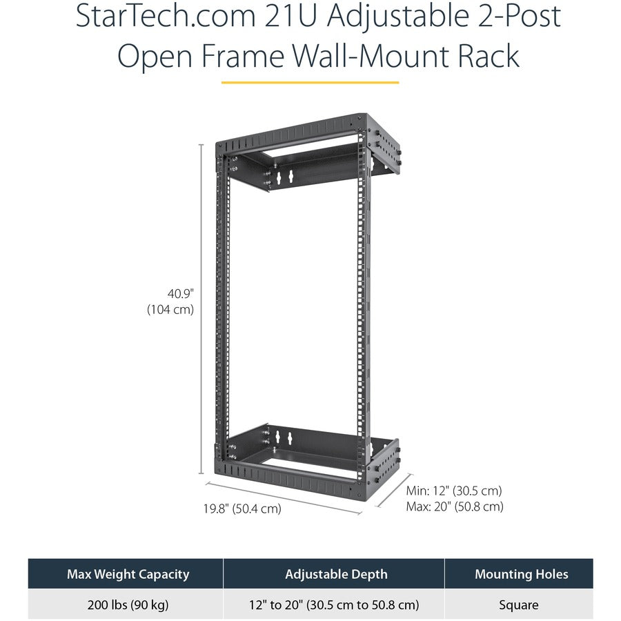 StarTech.com Rack réseau mural 21U 19" - Profondeur réglable 12-20" Cadre ouvert pour salle de serveurs/AV/données/équipement informatique avec écrous cage RACK-21U-20-WALL-OA