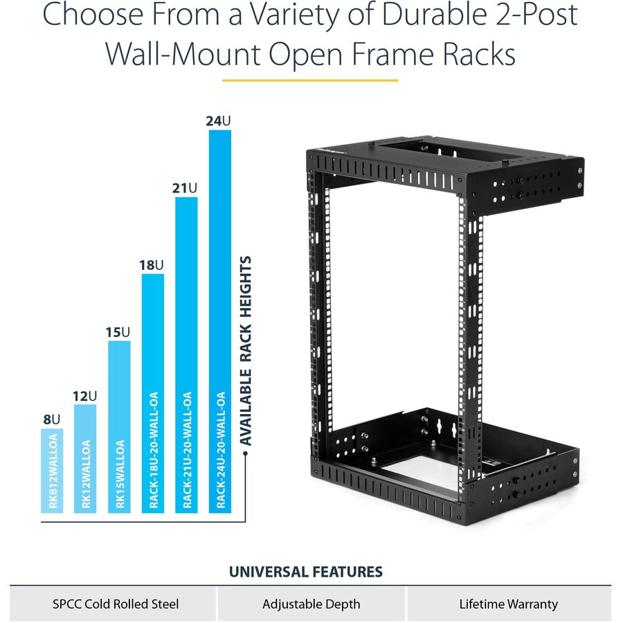 StarTech.com Rack réseau mural 21U 19" - Profondeur réglable 12-20" Cadre ouvert pour salle de serveurs/AV/données/équipement informatique avec écrous cage RACK-21U-20-WALL-OA