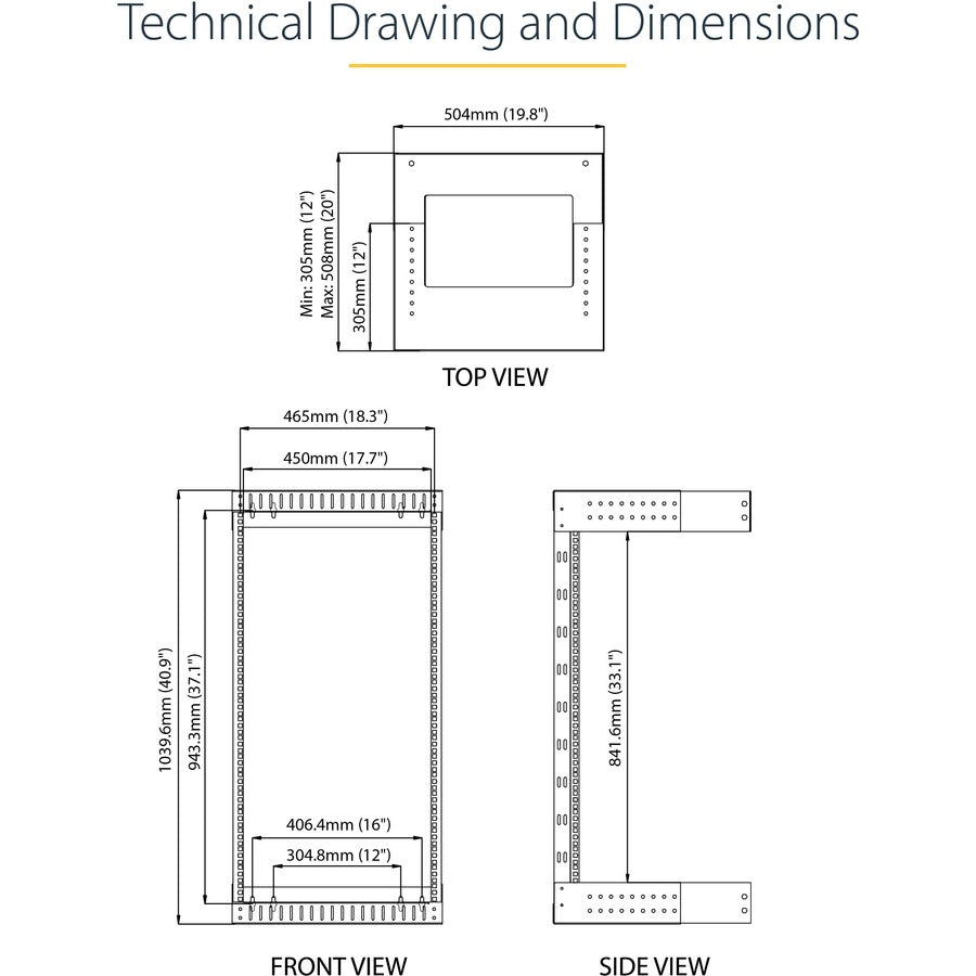 StarTech.com Rack réseau mural 21U 19" - Profondeur réglable 12-20" Cadre ouvert pour salle de serveurs/AV/données/équipement informatique avec écrous cage RACK-21U-20-WALL-OA