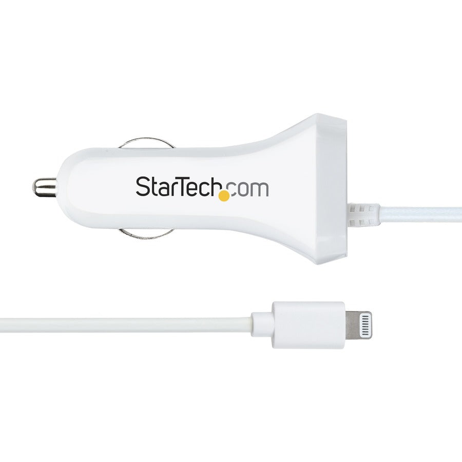 StarTech.com Lightning Car Charger with Coiled Cable, 1m Built-in Cable, 12W, White, 2 Port USB Car Charger Adapter, In Car iPhone Charger USBLT2PCARW2