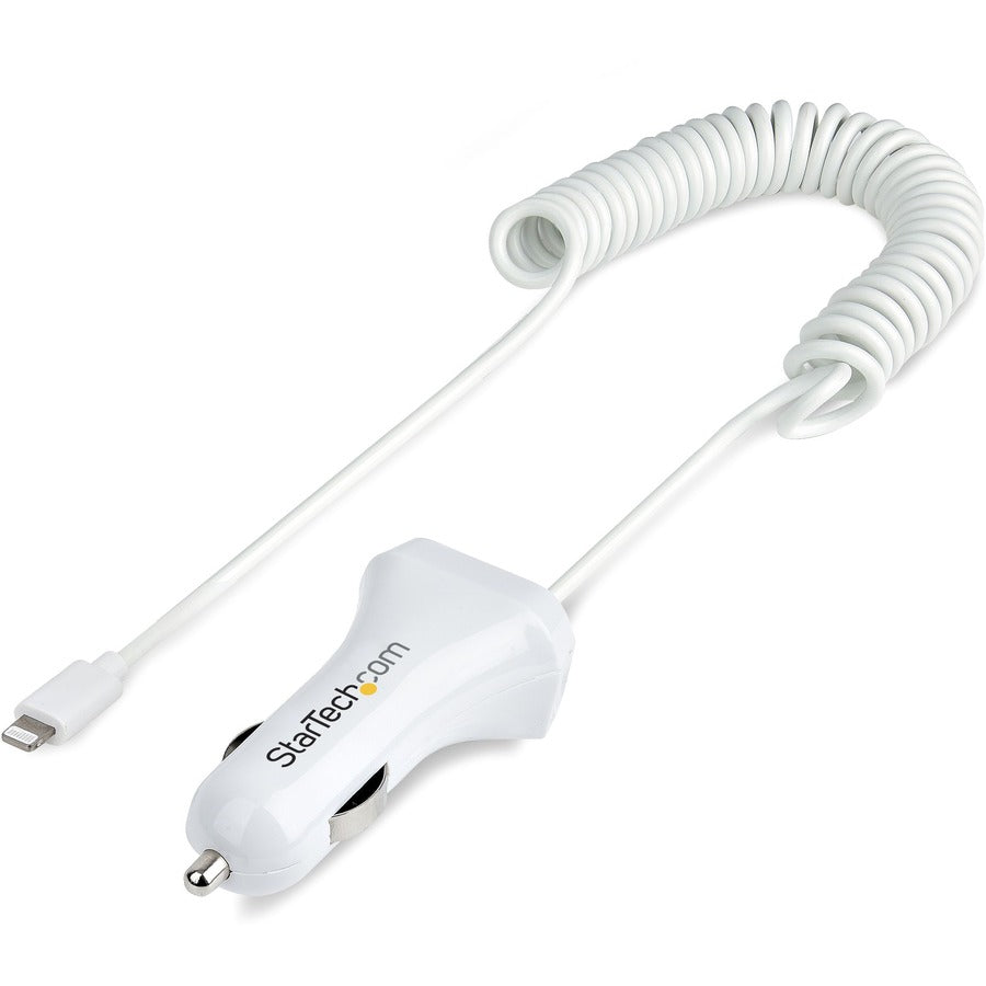 StarTech.com Chargeur de voiture Lightning avec câble enroulé, câble intégré de 1 m, 12 W, blanc, adaptateur de chargeur de voiture USB 2 ports, chargeur de voiture pour iPhone USBLT2PCARW2