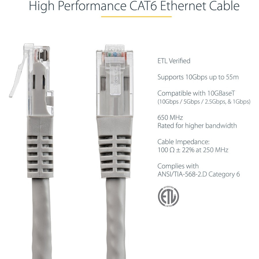 StarTech.com Câble Ethernet CAT6 de 25 pieds - Gigabit moulé gris - 100 W PoE UTP 650 MHz - Cordon de brassage catégorie 6 Câblage certifié UL/TIA C6PATCH25GR