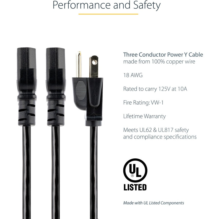 StarTech.com 10ft (3m) Computer Power Y Cord, NEMA 5-15P to C13, 10A 125V, 18AWG, Black Replacement PC Power Cord, TV/Monitor Power Cable PXT101Y10