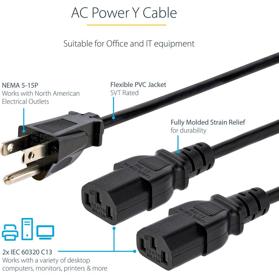 StarTech.com 10ft (3m) Computer Power Y Cord, NEMA 5-15P to C13, 10A 125V, 18AWG, Black Replacement PC Power Cord, TV/Monitor Power Cable PXT101Y10