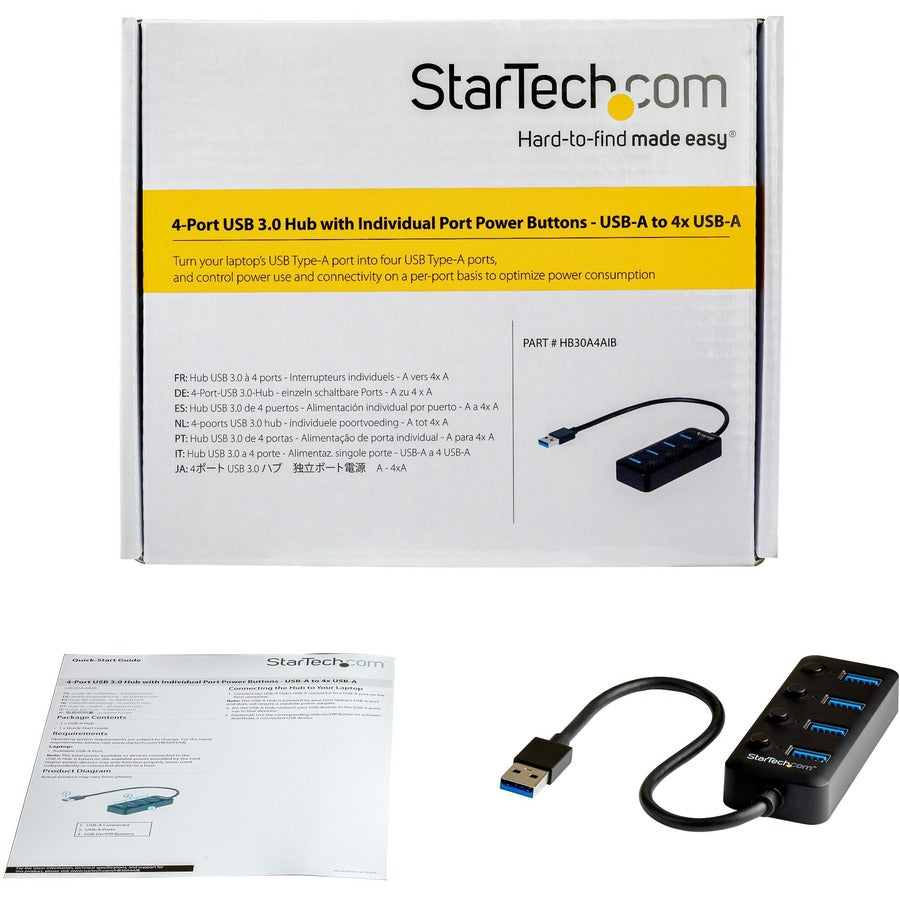 StarTech.com 4 Port USB 3.0 Hub - USB Type-A to 4x USB-A with Individual On/Off Port Switches - SuperSpeed 5Gbps USB 3.1 Gen 1 - Bus Power HB30A4AIB