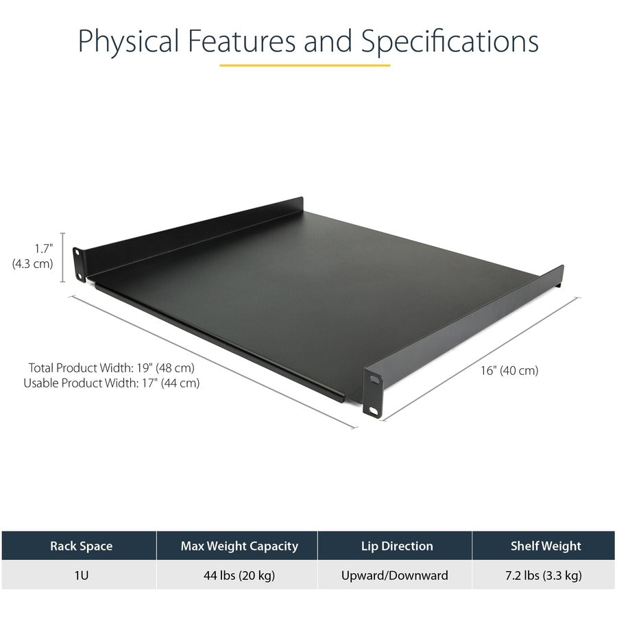 StarTech.com 1U Server Rack Cabinet Shelf - Fixed 16" Deep Cantilever Rackmount Tray for 19" Data/AV/Network Enclosure w/cage nuts, screws CABSHELF116