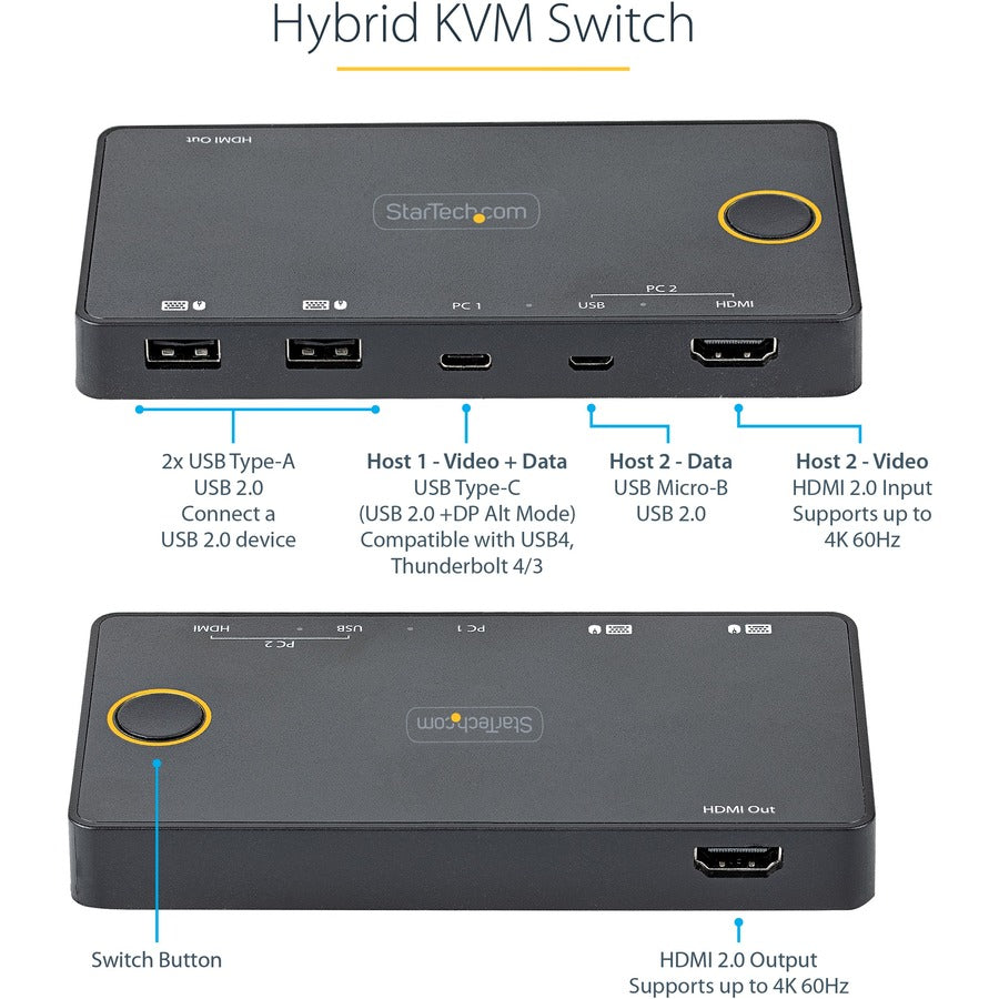 StarTech.com Commutateur KVM hybride USB-A + HDMI et USB-C 2 ports, moniteur HDMI 2.0 4K 60 Hz unique, commutateur KVM HDMI compact pour ordinateur de bureau et/ou ordinateur portable SV221HUC4K