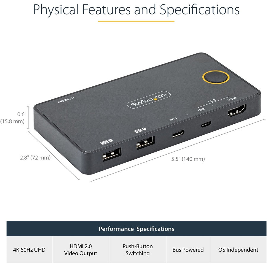 StarTech.com Commutateur KVM hybride USB-A + HDMI et USB-C 2 ports, moniteur HDMI 2.0 4K 60 Hz unique, commutateur KVM HDMI compact pour ordinateur de bureau et/ou ordinateur portable SV221HUC4K