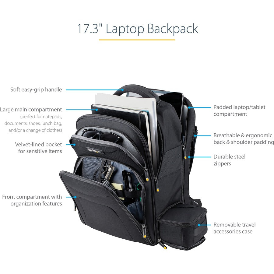 StarTech.com 17.3" Laptop Backpack, Removable Accessory Case, Business Travel Backpack, Ergonomic Commuter Bag, Notebook & Tablet Pockets NTBKBAG173