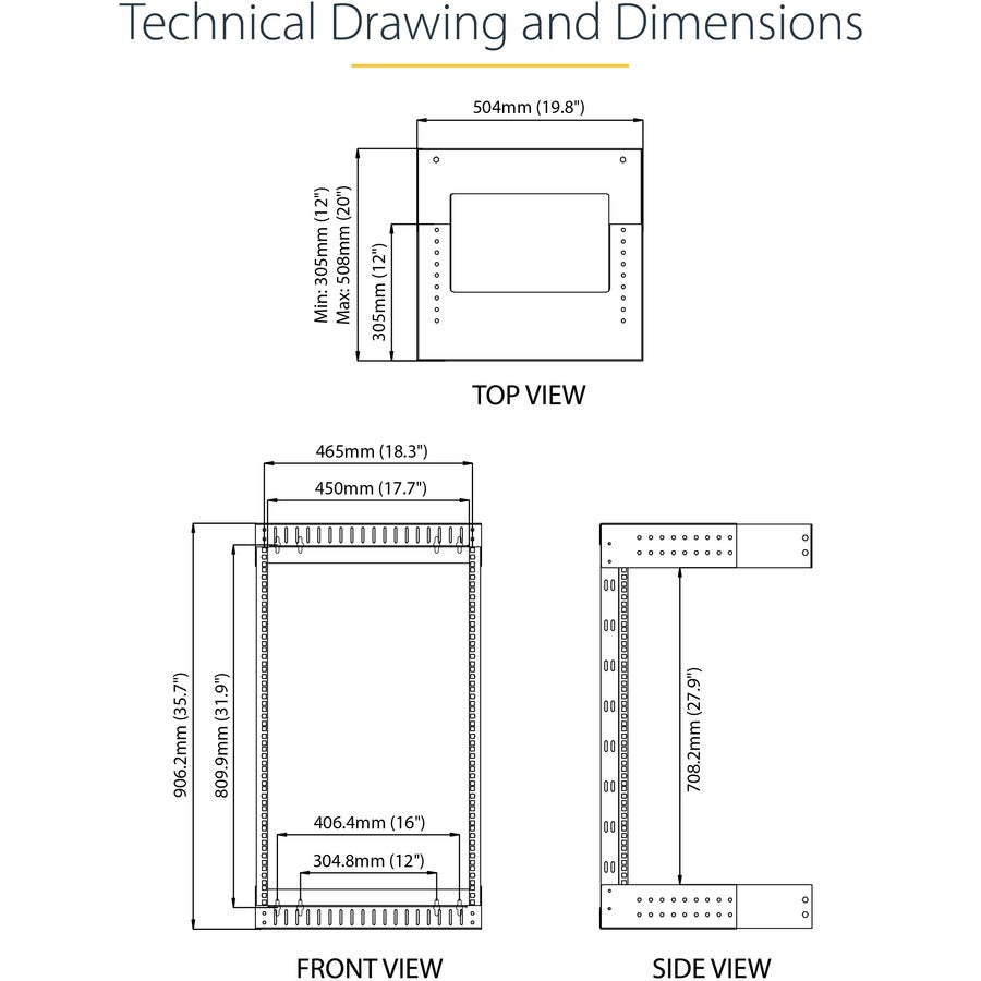 StarTech.com 18U 19" Wall Mount Network Rack - Adjustable Depth 12-20" Open Frame for Server Room /AV/Data/Computer Equipment w/Cage Nuts RACK-18U-20-WALL-OA