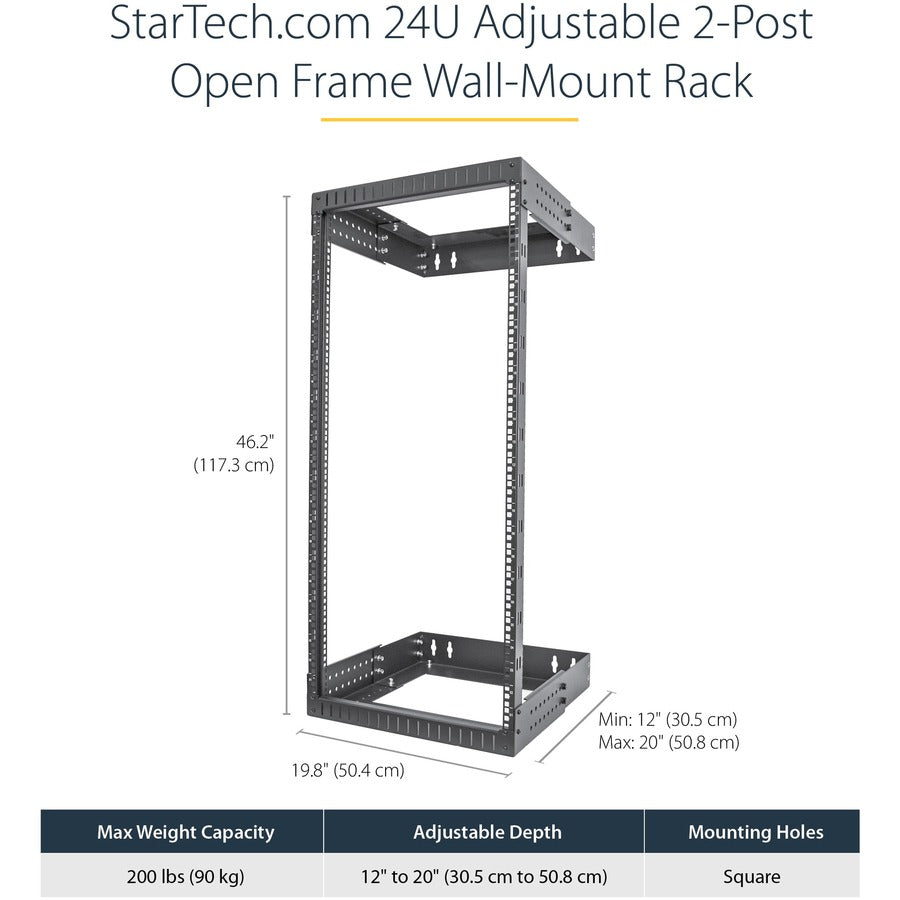 StarTech.com 24U 19" Wall Mount Network Rack - Adjustable Depth 12-20" Open Frame for Server Room /AV/Data/Computer Equipment w/Cage Nuts RACK-24U-20-WALL-OA