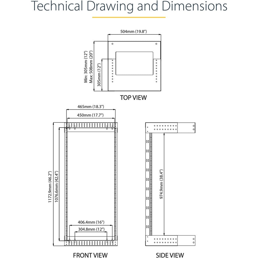 StarTech.com 24U 19" Wall Mount Network Rack - Adjustable Depth 12-20" Open Frame for Server Room /AV/Data/Computer Equipment w/Cage Nuts RACK-24U-20-WALL-OA