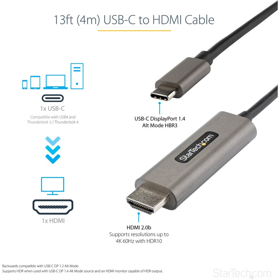 StarTech.com Câble USB C vers HDMI de 4 m 4K 60 Hz avec HDR10, câble adaptateur vidéo Ultra HD USB Type-C vers HDMI 2.0b, DP 1.4 Alt Mode HBR3 CDP2HDMM4MH