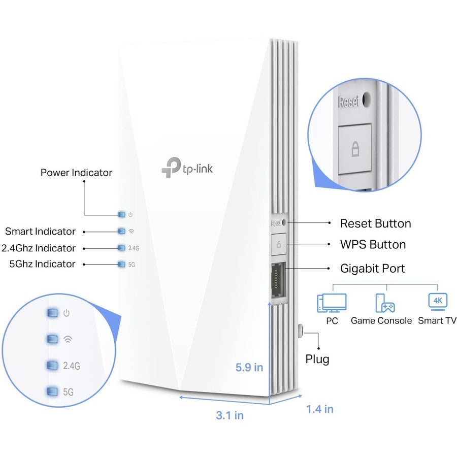 TP-Link RE600X Dual Band 802.11ax 1.80 Gbit/s Wireless Range Extender RE600X