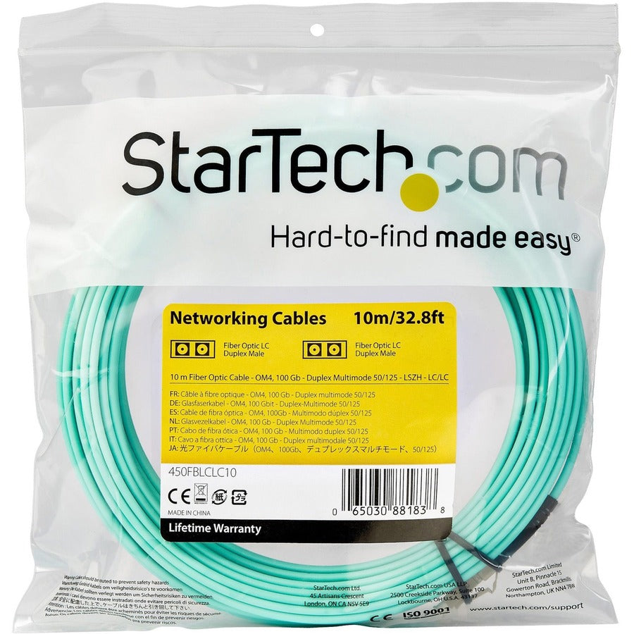 StarTech.com Câble de raccordement à fibre optique duplex multimode OM4 LC vers LC de 10 m - Aqua - 50/125 - Câble à fibre optique - 40/100 Go - LSZH (450FBLCLC10) 450FBLCLC10