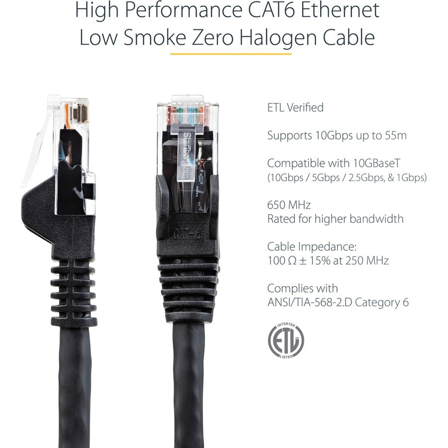 StarTech.com Câble Ethernet CAT6 de 1,8 m, LSZH (faible fumée, sans halogène) 10 GbE sans accroc, 100 W PoE UTP RJ45, cordon de brassage réseau noir, ETL N6LPATCH6BK