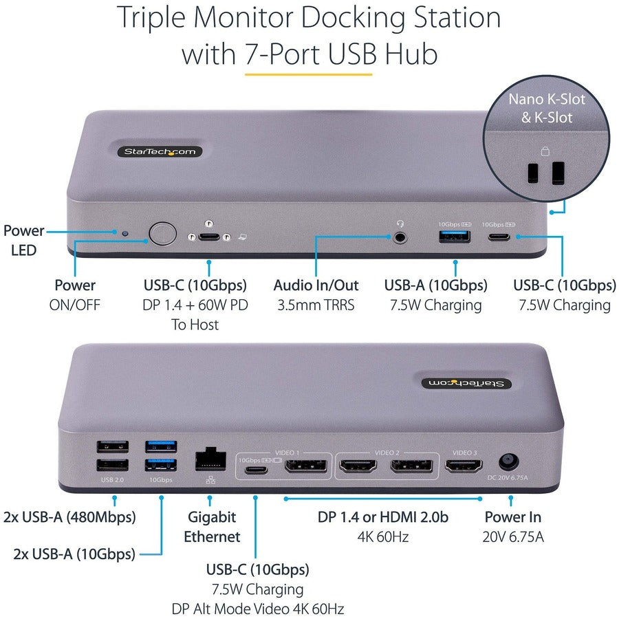 StarTech.com USB-C Docking Station, HDMI/DP/DP Alt Mode USB-C Dock, Triple/Dual 4K, 7x USB Hub, 60W PD, GbE, WWCB Certified DK31C3MNCR