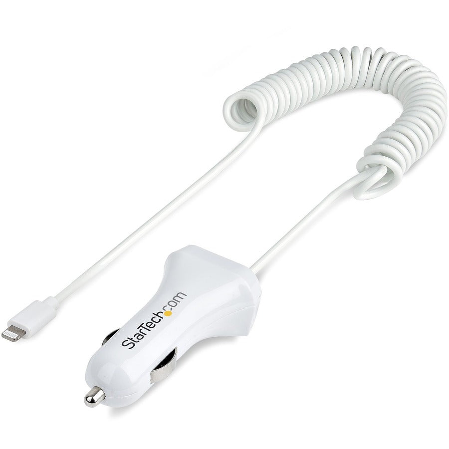 StarTech.com Chargeur de voiture Lightning avec câble enroulé, câble intégré de 1 m, 12 W, blanc, adaptateur de chargeur de voiture USB 2 ports, chargeur de voiture pour iPhone USBLT2PCARW2