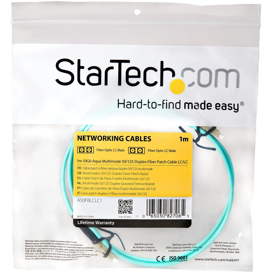 StarTech.com Câble fibre optique 1 m - 10 Gb Aqua - Duplex multimode 50/125 - LSZH - LC/LC - OM3 - Câble de raccordement fibre LC vers LC A50FBLCLC1