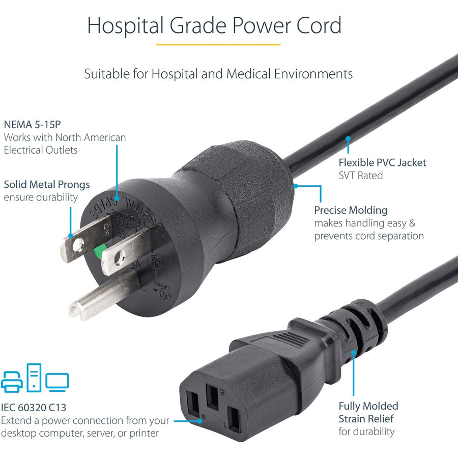 StarTech.com 10ft (3m) Hospital Grade Power Cord, 18AWG, NEMA 5-15P to C13, 10A 125V, Green Dot Medical Power Cable, Monitor Power Cable PXTMG10110