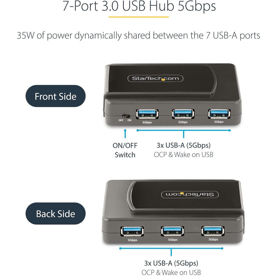 StarTech.com 7-Port USB Hub, USB 3.0 5Gbps, USB-A to 7x USB-A, Self Powered USB-A Expansion Hub w/ 35W Power Supply 5G7AS-USB-A-HUB