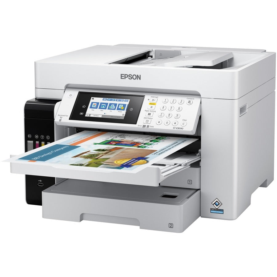 Epson WorkForce ST-C8090 Inkjet Multifunction Printer-Color-Copier/Fax/Scanner-4800x1200 dpi Print-Automatic Duplex Print-66000 Pages-550 sheets Input-Color Flatbed Scanner-1200 dpi Optical Scan-Color Fax-Wireless LAN-Epson Connect-Mopria C11CH71203