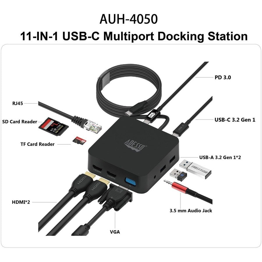 Adesso 11 in USB-C Multiport Docking Station(TAA Compliant) AUH-4050
