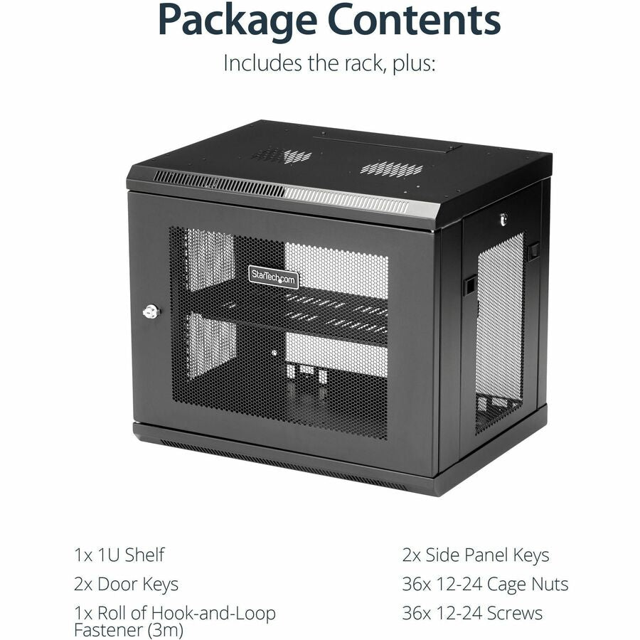 StarTech.com 2 Post 9U 19" Wall Mount Network Cabinet Adjustable 6-15"- Locking Vented IT Equipment/Switch Rack Enclosure /Shelf/Hook&Loop RK9WALM