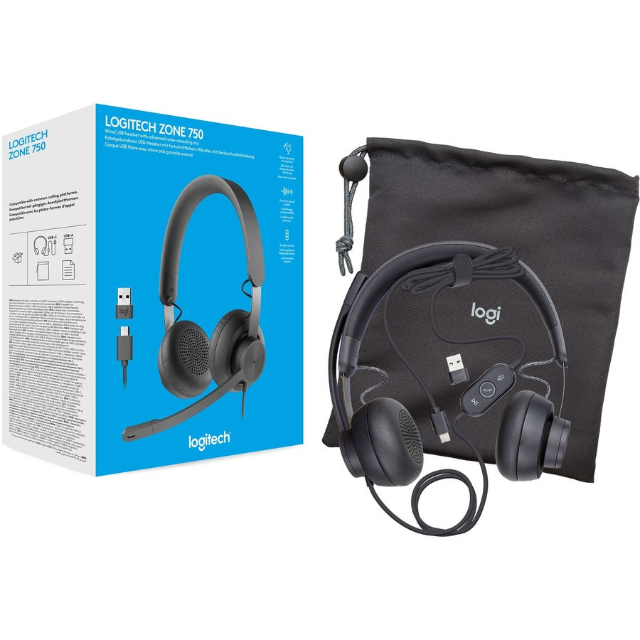 Logitech Zone 750 Wired On-Ear Headset with advanced noise-canceling microphone, simple USB-C and included USB-A adapter, plug-and-play compatibility for all devices 981-001103