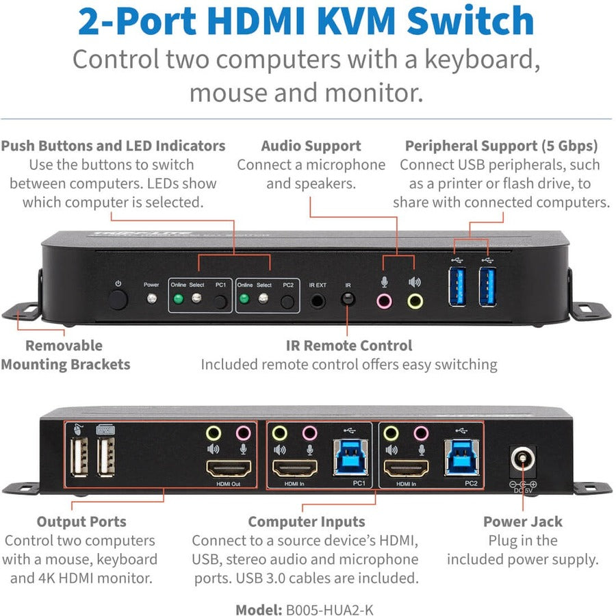 Tripp Lite par Eaton B005-HUA2-K Commutateur KVM HDMI/USB 2 ports B005-HUA2-K