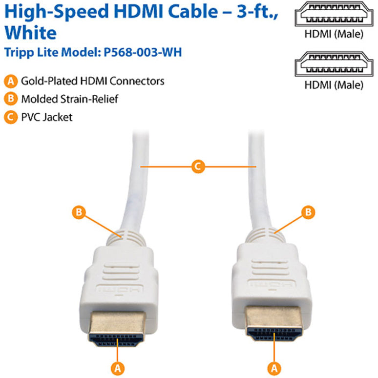 Tripp Lite 3ft High Speed HDMI Cable Digital Video with Audio 4K x 2K M/M White 3' P568-003-WH