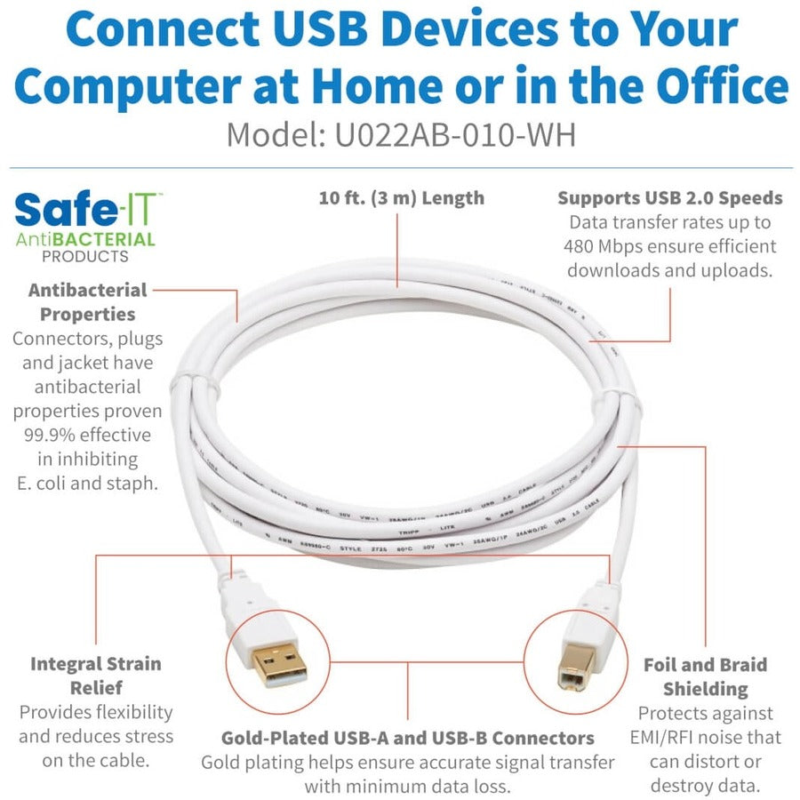 Câble antibactérien Tripp Lite Safe-IT USB-A vers USB-B (M/M), USB 2.0, blanc, 10 pi U022AB-010-WH