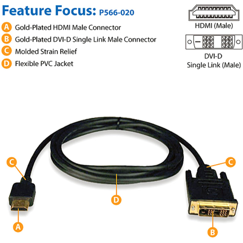 Tripp Lite 20ft HDMI to DVI-D Digital Monitor Adapter Video Converter Cable M/M 20' P566-020