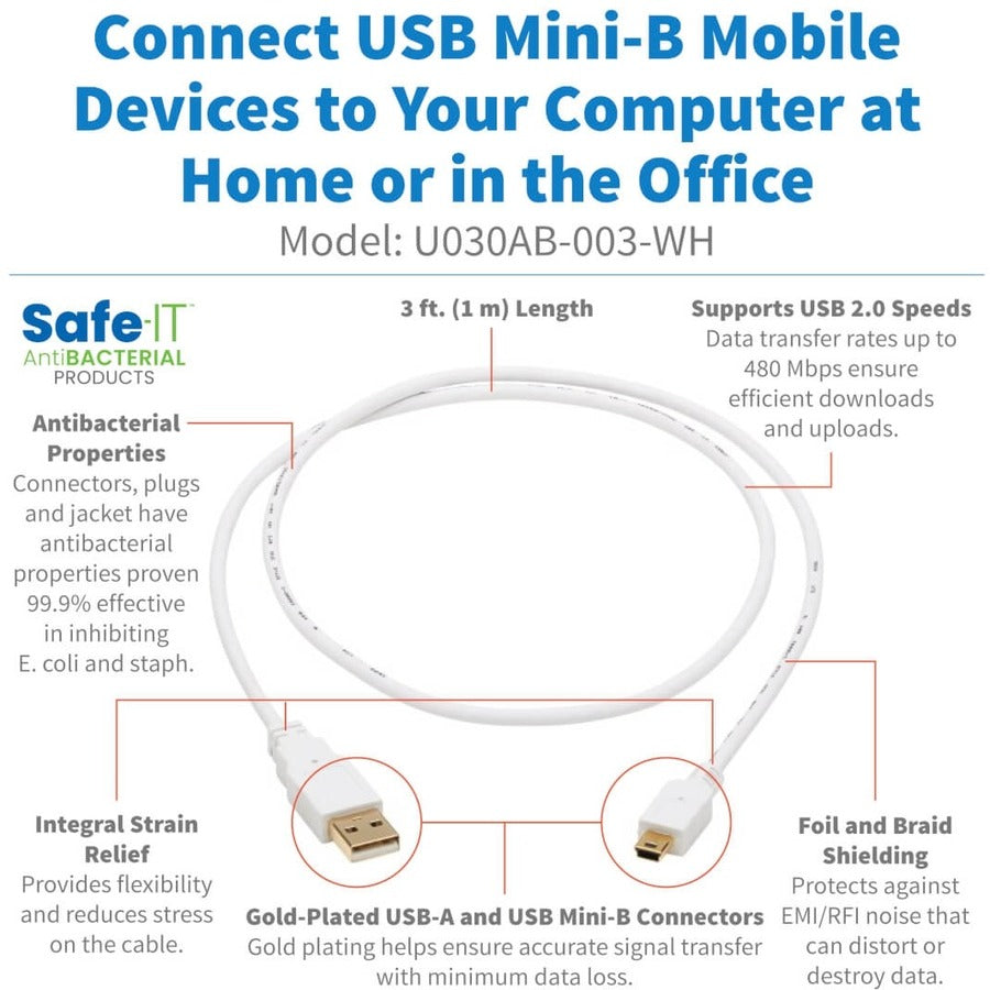 Câble antibactérien Tripp Lite Safe-IT USB-A vers USB Mini-B (M/M), USB 2.0, blanc, 3 pieds U030AB-003-WH