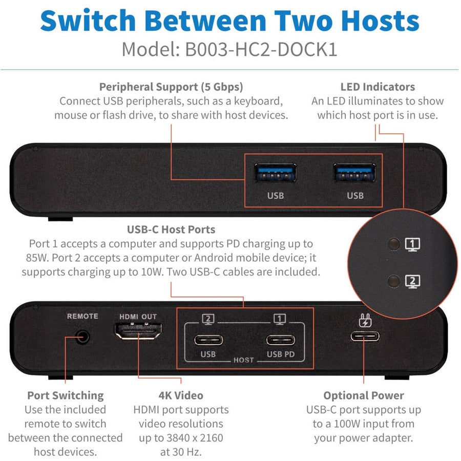 Tripp Lite by Eaton B003-HC2-DOCK1 2-Port USB-C KVM Dock, Black B003-HC2-DOCK1